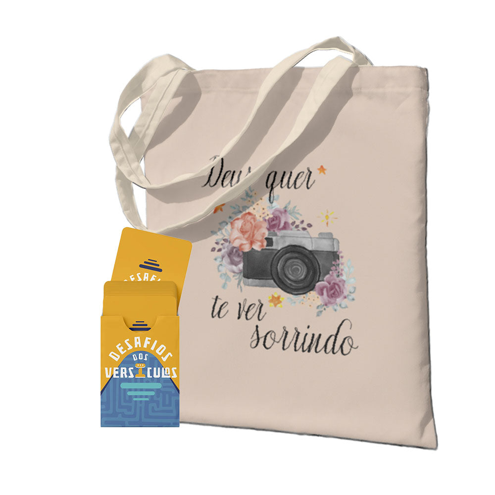 Kit Aprendendo a Palavra :Jogo Bíblico de Cartas | Desafio dos versículos + Ecobag Deus Quer Te Ver Sorrindo