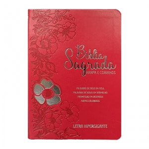 BIblia Hipergigante ARC Full Color c/ Harpa PU Luxo com Índice - Prateada Floral Dália Vermelha