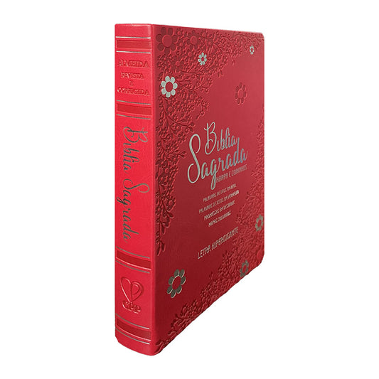 BIblia Hipergigante ARC Full Color c/ Harpa PU Luxo com Índice - Prateada Floral Margarida Vermelha