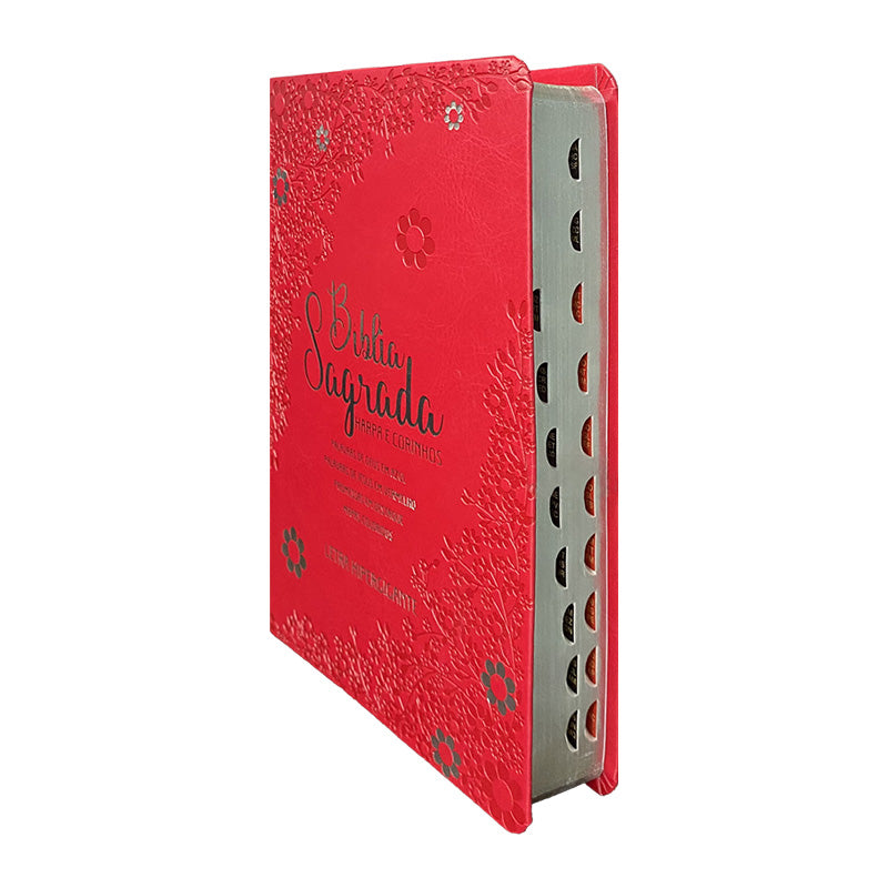 BIblia Hipergigante ARC Full Color c/ Harpa PU Luxo com Índice - Prateada Floral Margarida Vermelha