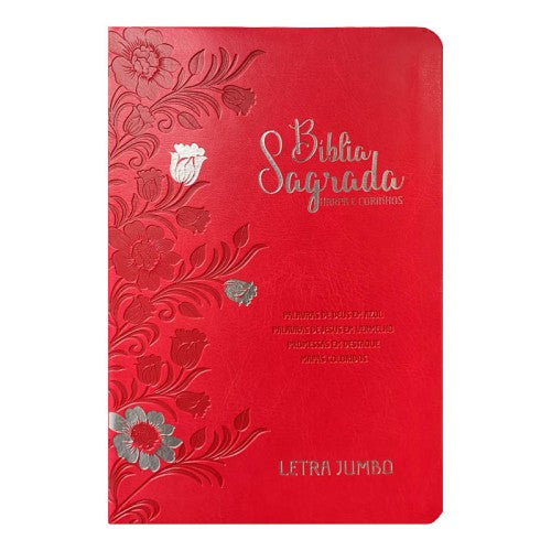 Bíblia Jumbo |ARC |  FULL COLOR - Harpa e Corinhos | CAPA PU LUXO | Floral Vermelha