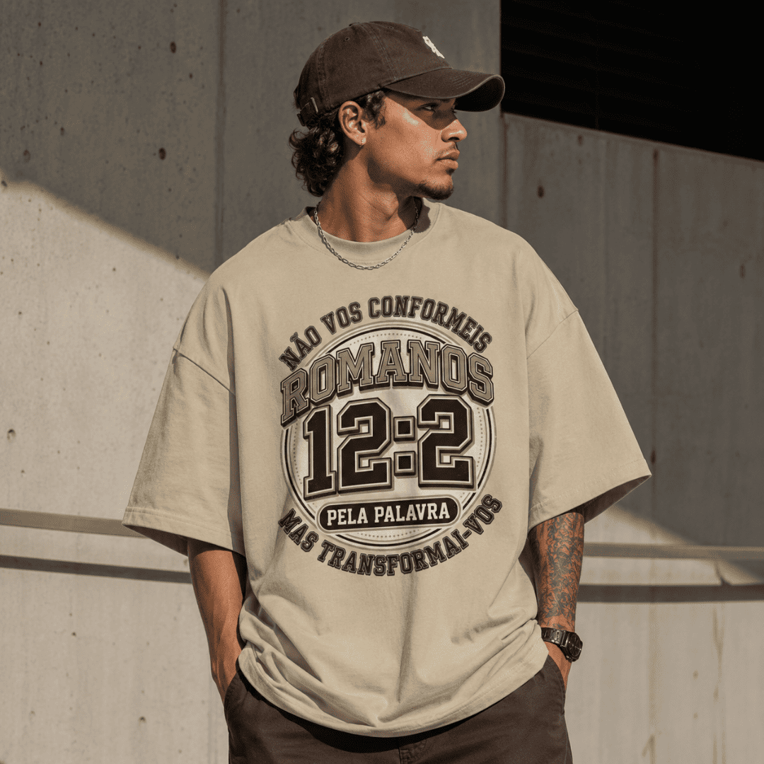 Camiseta Cristã Oversized - Romanos 12:2 | Bege