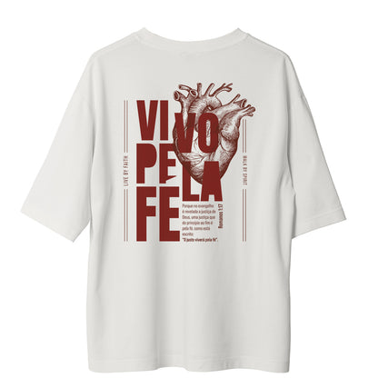 Camiseta Cristã Oversized - Vivo pela fé | Branca