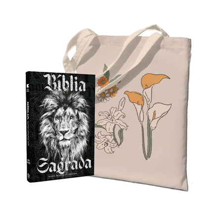Kit Carregando a Palavra | Ecobag - 3 Flores + Bíblia Gigante | PPM | Preto & Branco