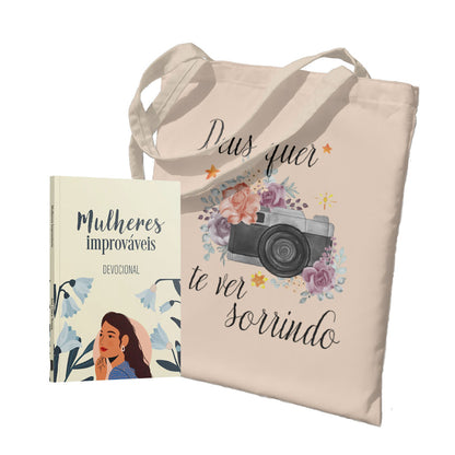 Kit Carregando a Palavra | Ecobag - Deus Quer Te Ver Sorrindo + Devocional Mulheres Improváveis | Ana Clara Souza