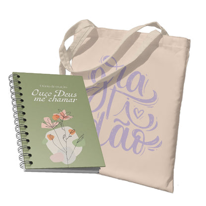 Kit Carregando a Palavra | Ecobag - Ecobag - Gratidão + Diário de Oração - Flor Aquarela verde