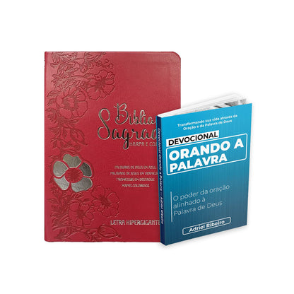 Kit Clamor da Palavra - Devocional Orando a Palavra + Bíblia ARC Full Color c/ Harpa PU - Prateada Floral Dália Vermelha