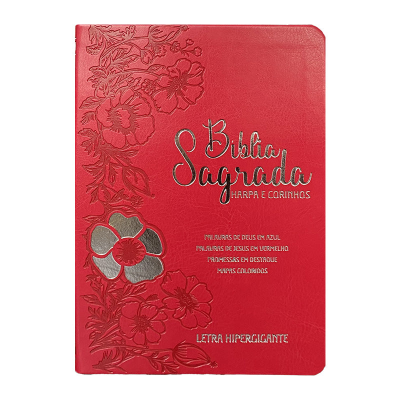 Kit Clamor da Palavra - Devocional Orando a Palavra + Bíblia ARC Full Color c/ Harpa PU - Prateada Floral Dália Vermelha