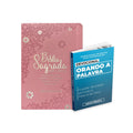 Kit Clamor da Palavra - Devocional Orando a Palavra + Bíblia ARC Full Color c/ Harpa PU -Prateada Floral Margarida Rosa