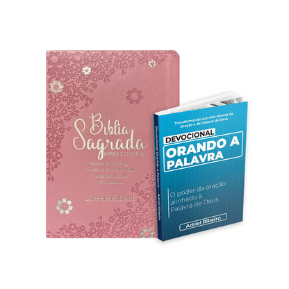 Kit Clamor da Palavra - Devocional Orando a Palavra + Bíblia ARC Full Color c/ Harpa PU -Prateada Floral Margarida Rosa