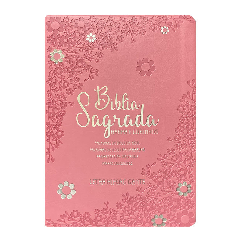 Kit Clamor da Palavra - Devocional Orando a Palavra + Bíblia ARC Full Color c/ Harpa PU -Prateada Floral Margarida Rosa
