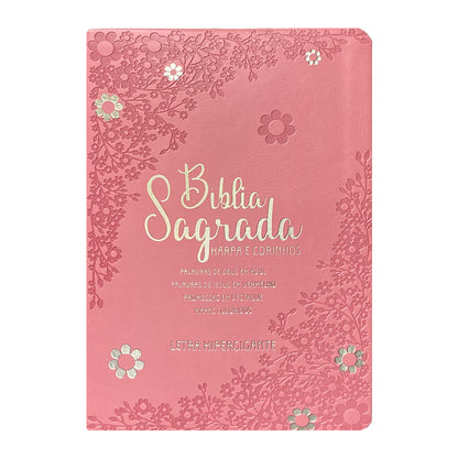Kit Clamor da Palavra - Devocional Orando a Palavra + Bíblia ARC Full Color c/ Harpa PU -Prateada Floral Margarida Rosa