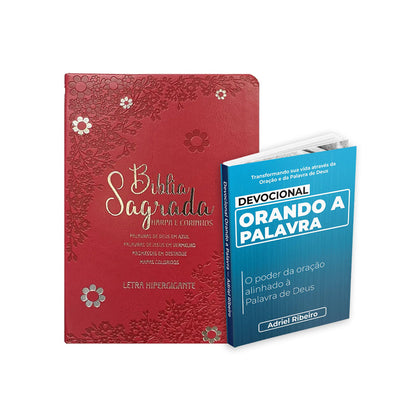 Kit Clamor da Palavra - Devocional Orando a Palavra + Bíblia ARC Full Color c/ Harpa PU - Prateada Floral Margarida Vermelho