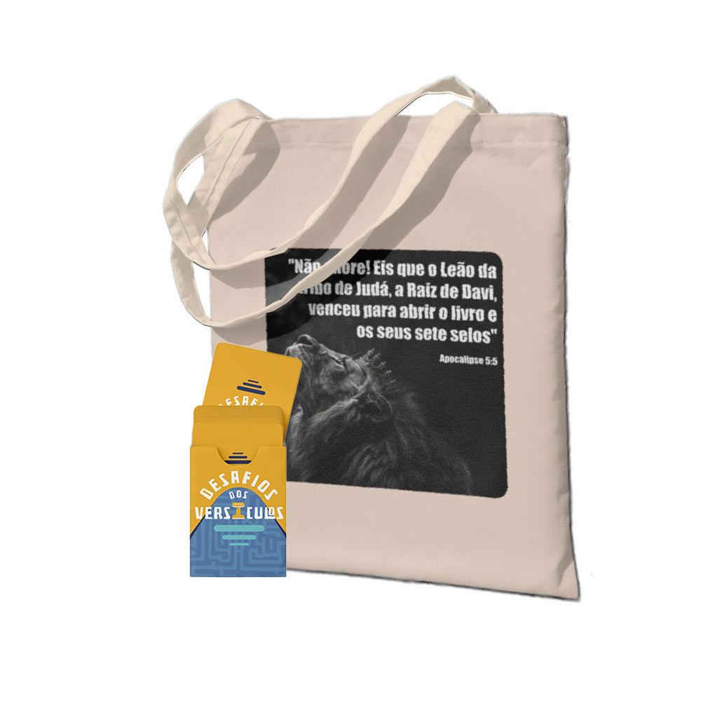 Kit Desafios da Palavra :Jogo Bíblico de Cartas | Desafio dos versículos +Ecobag - Leão de Judá