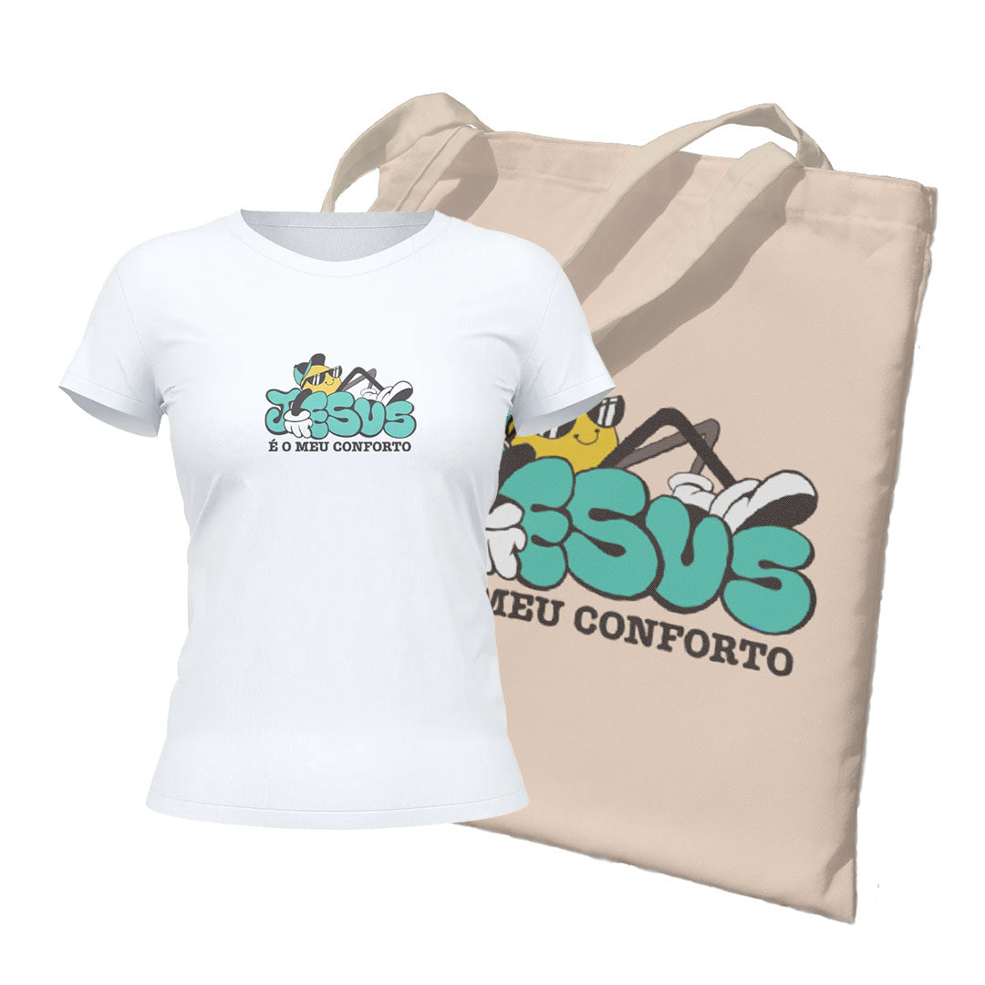 Kit Ecobag + Camiseta Feminina - Jesus é meu conforto | Branca