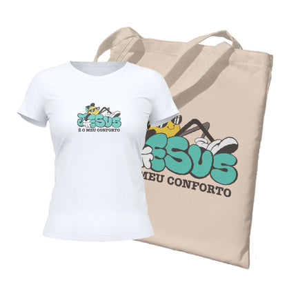 Kit Ecobag + Camiseta Feminina - Jesus é meu conforto | Branca