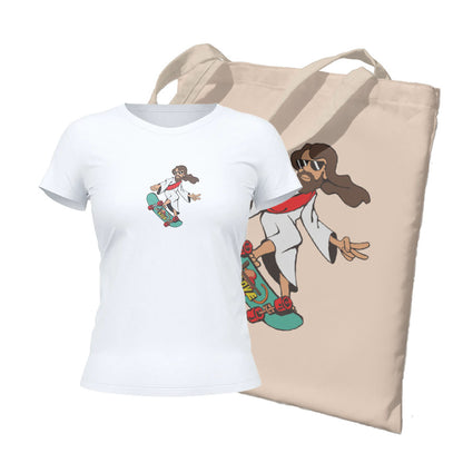 Kit Ecobag + Camiseta Feminina - Jesus e Skate | Branca
