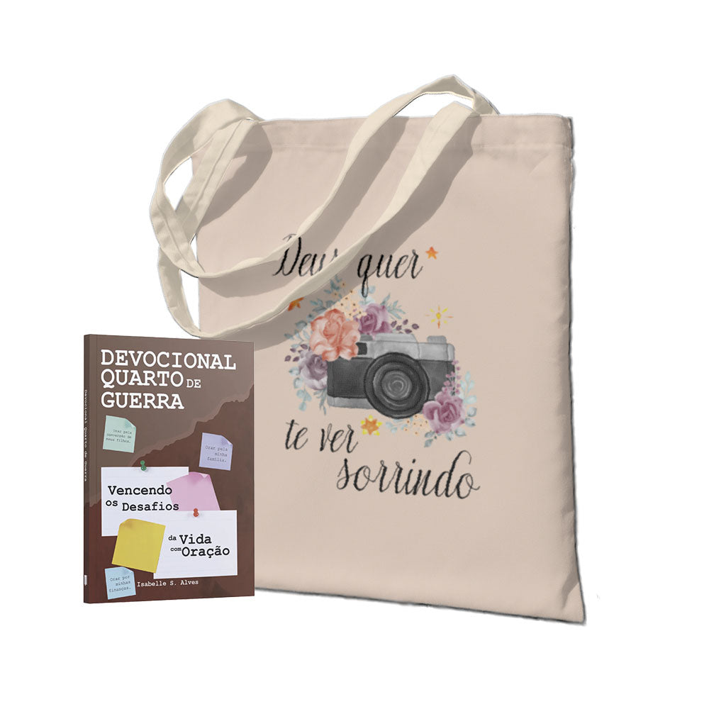 Kit Fortaleza Espiritual: - Devocional Quarto de Guerra+ Ecobag Deus Quer Te Ver Sorrindo