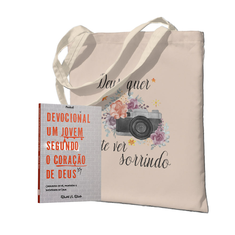 Kit  Jovem com Propósito :Devocional Um Jovem Segundo o Coração de Deus + Ecobag Deus Quer Te Ver Sorrindo