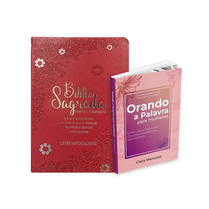 Kit Orando com Mulheres - Orando a Palavra p/ Mulher + Bíblia ARC Full Color c/ Harpa PU - Prat. Floral Margarida Verm