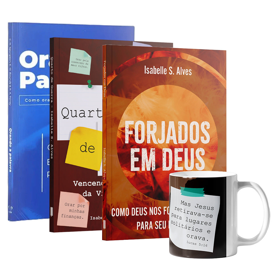Kit Reflexos da Fé - Caneca Quarto de Guerra + Livro Quarto de Guerra + Livro Orando a Palavra + Livro Forjados em Deus