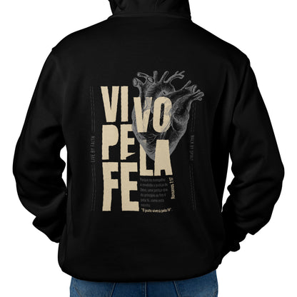 Moletom Canguru - Vivo pela fé Bege | Preto