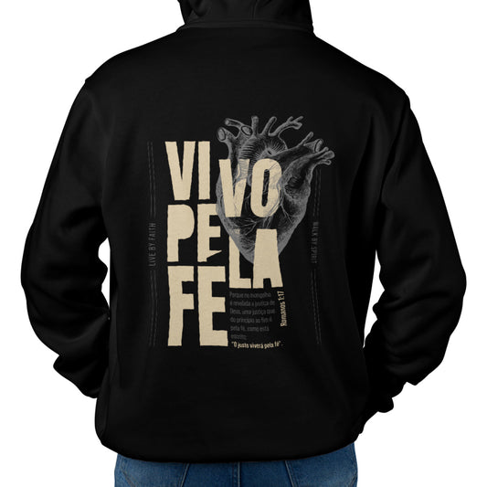 Moletom Canguru - Vivo pela fé Bege | Preto