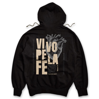 Moletom Canguru - Vivo pela fé Bege | Preto