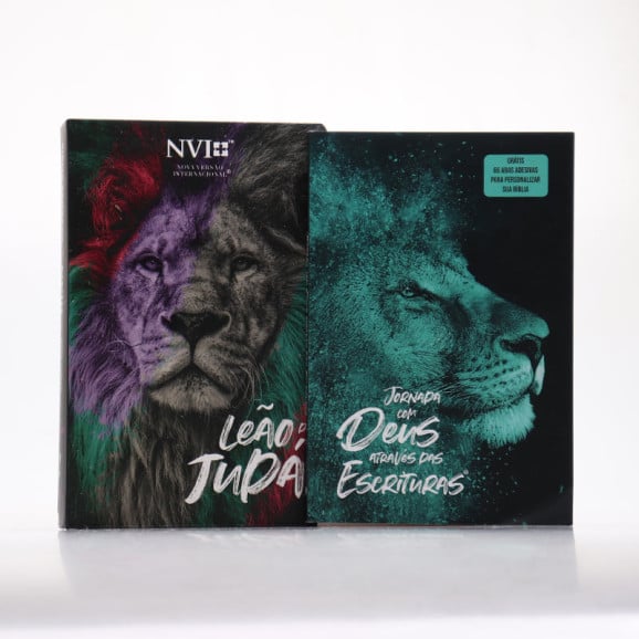 	 Kit Bíblia | NVI | Leão de Judá + Jornada com Deus Através das Escrituras Leão Azul | Um Coração Transformado 