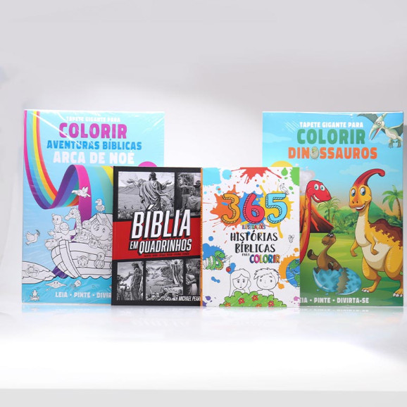 Kit Bíblia em Quadrinhos + 2 Tapete Gigantes + 365 Histórias Bíblicas Para Colorir | Aprendendo Sobre a Bíblia