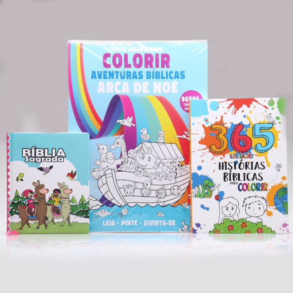 Kit Bíblia Sagrada Infantil Lhama + Tapete Para Colorir + 365 Histórias para Colorir | Aprendendo sobre a Bíblia