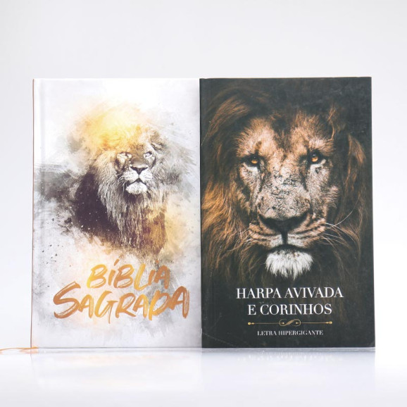 Kit Bíblia Minha Jornada com Deus NVI Leão Dourado + Harpa Avivada e Corinhos | Louvando à Todo Momento