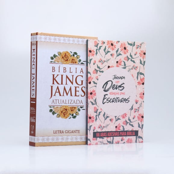 Kit Bíblia KJA | Letra Gigante | Rosa Vintage + Abas Adesivas Lettering | Caminho de Felicidade