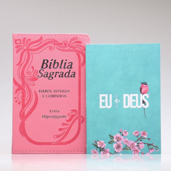 Kit Bíblia RC Harpa Letra Hipergigante Rosa Índice + Eu e Deus Meu Amado | Mulher de Fé