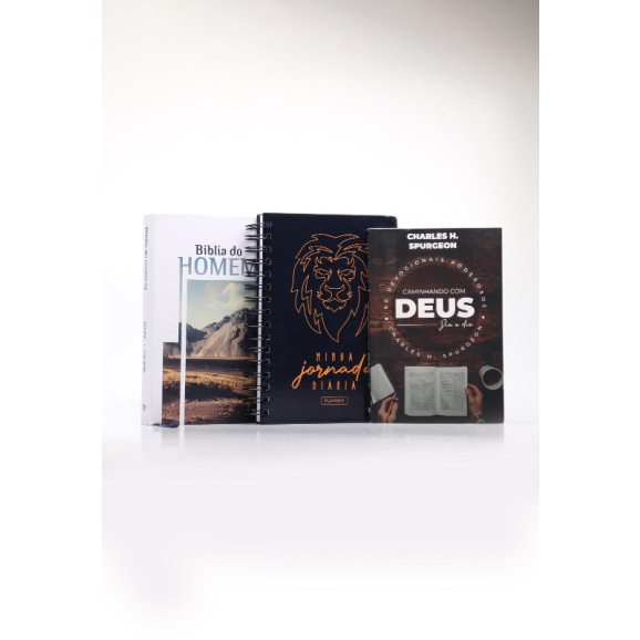Kit Bíblia do Homem + Planner Masculino Leão Ilustrado Azul + Devocional Spurgeon | Paz Perfeita
