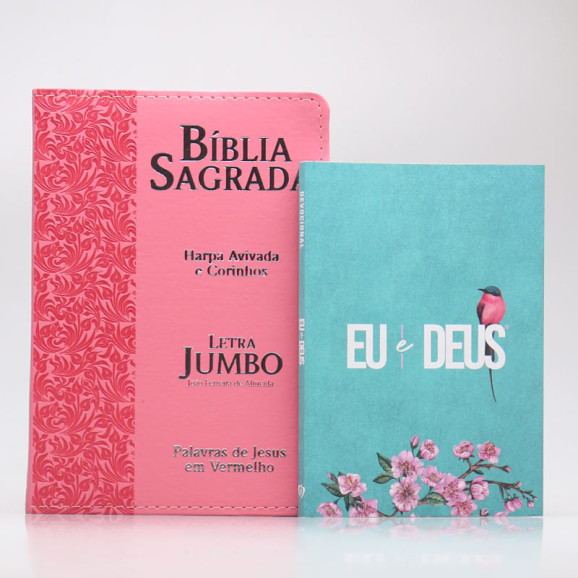 Kit Bíblia RC Harpa Letra Jumbo Ramos Rosa + Eu e Deus Meu Amado | Mulher de Fé