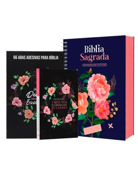 Kit Bíblia ACF Anote Azul Safira + Abas Adesivas + 3 Minutos de Sabedoria Para Mulheres Círculo Floral | Sábia Paixão