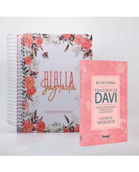 Kit Bíblia ACF Anote a Palavra Flores Rosas + Devocional Tesouros de Davi | Ore Sobre Tudo