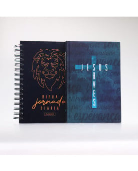 Kit Bíblia ACF Jesus Saves + Planner Masculino Leão Ilustrado Azul | Gratos Pela Fé 