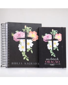 Kit Bíblia ACF Flores Cruz Com Espaço Para Anotações + Meu Diário de Oração Flores Cruz | Oração Virtuosa