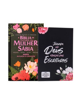 Kit A Bíblia de Estudo da Mulher Sábia | ARC | Letra Hipergigante | Floral Preta + Abas Adesivas Flores Cruz | O Poder da Fé