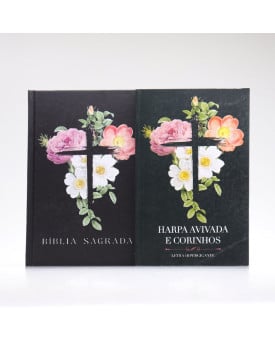 Kit Bíblia ACF Capa Dura Flores Cruz + Harpa Avivada e Corinhos Flores Cruz | Louvando ao Senhor
