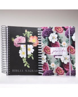Kit Bíblia ACF Flores Cruz Com Espaço Para Anotações + Planner Feminino Floral Black | Constância na Fé
