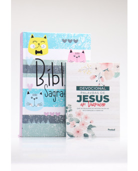 Kit Bíblia Grife e Rabisque Cats + Devocional Palavras de Jesus em Vermelho Floral Branca | Volte a Sonhar 