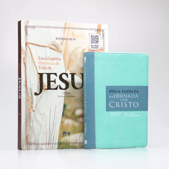 Kit Bíblia de Estudo NVT Na Jornada com Cristo Verde + Enciclopédia Histórica da Vida de Jesus | Caminho Abençoado
