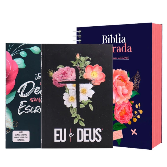 Kit Bíblia ACF Anote Azul Safira + Eu e Deus Flores Cruz + Abas Adesivas Floral | Amor Que Consome