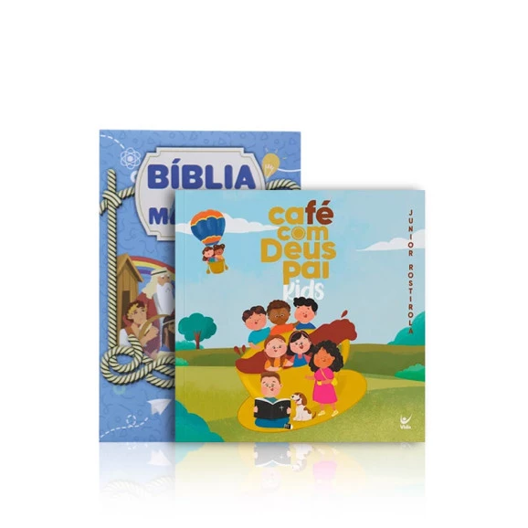 Kit Bíblia Para Meninos + de 200 Ilustrações | Azul + Café Com Deus Pai | Kids | Crianças com Cristo
