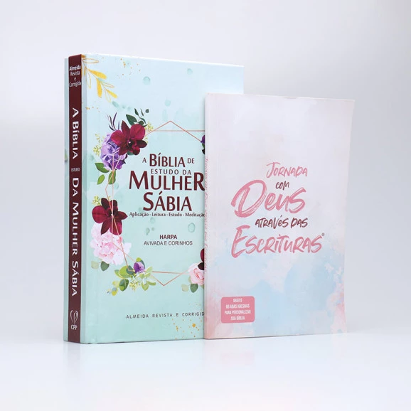 Kit A Bíblia de Estudo da Mulher Sábia | ARC | Letra Hipergigante | Floral Verde + Abas Adesivas Deus | O Poder da Fé