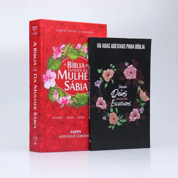 Kit A Bíblia de Estudo da Mulher Sábia | ARC | Letra Hipergigante | Hibisco Vermelha + Abas Adesivas Círculo Floral | O Poder da Fé