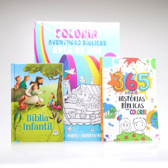 Kit Bíblia Infantil + 365 Histórias Bíblicas + Tapete Para Colorir Arca de Noé | A Criação do Mundo